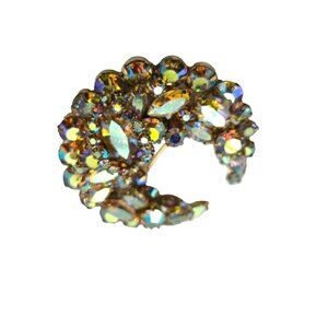 Rare Signed Sherman Aurora Borealis Crescent Brooch Vintage 1950s